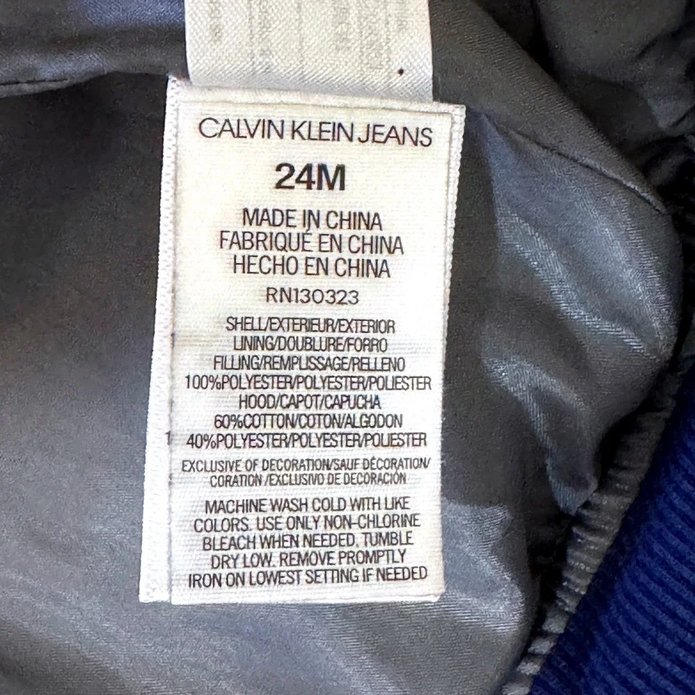 Calvin Klein Jeans Boys Royal Blue Quilted Puffer Jacket with Gray Hood 24M‎